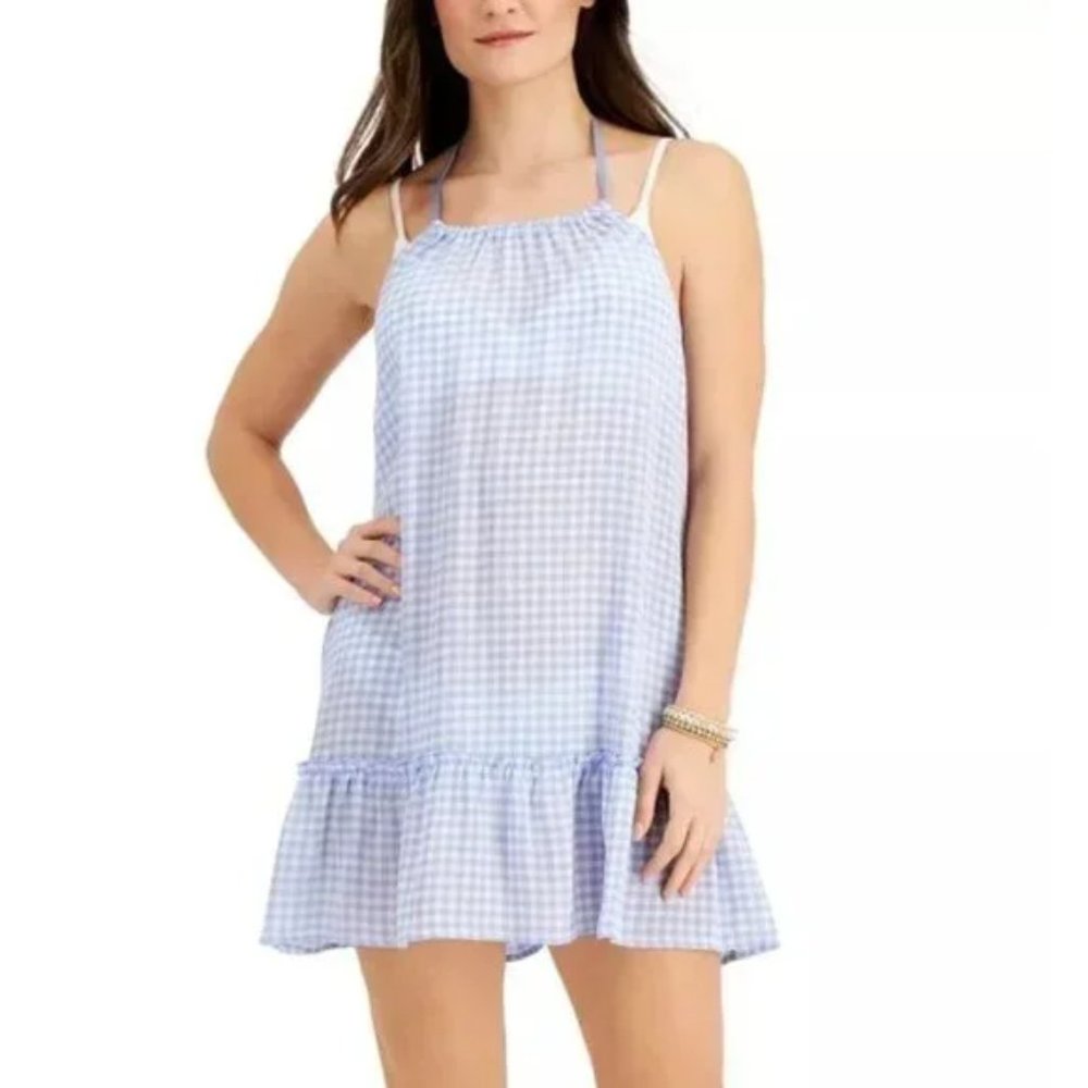 Miken Junior's High Neck Tiered Cover Up Dress Swimsuit Blue Size Small